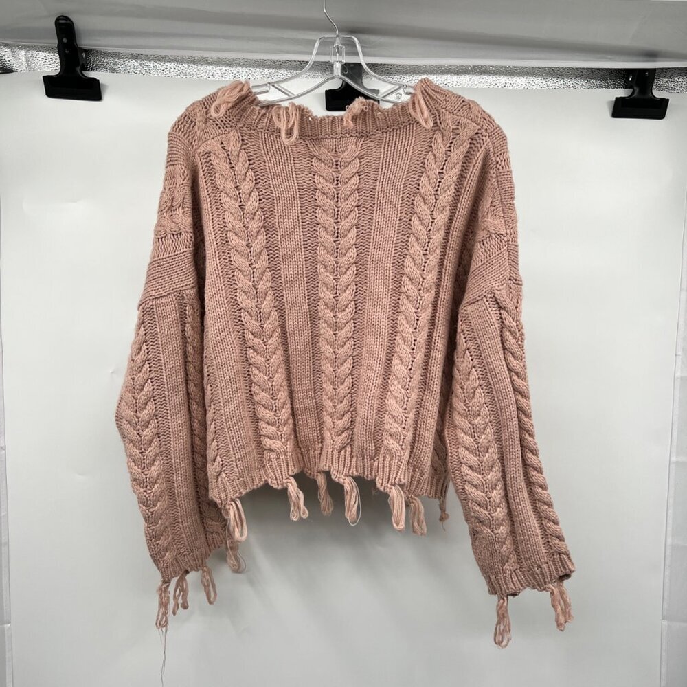 Altar'd State Womens Cable Knit Sweater Distressed Pink Size XS Oversized - Picture 7 of 9